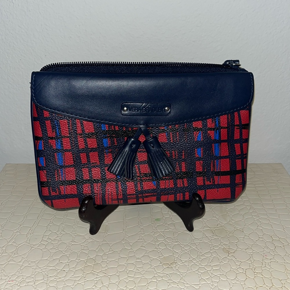 Vera Bradley Tasseled Wristlet Clutch Navy Red Art Plaid Faux Leather Zip Close